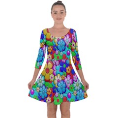 Flowers Ornament Decoration Quarter Sleeve Skater Dress