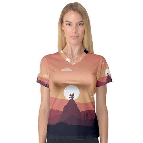 Design Art Hill Hut Landscape V-neck Sport Mesh Tee by Celenk