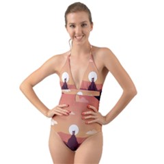 Design Art Hill Hut Landscape Halter Cut-out One Piece Swimsuit by Celenk