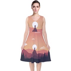 Design Art Hill Hut Landscape V-neck Midi Sleeveless Dress 