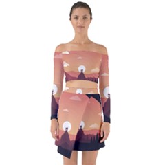 Design Art Hill Hut Landscape Off Shoulder Top With Skirt Set