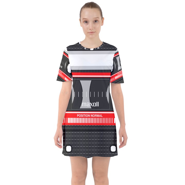 Compact Cassette Musicassette Mc Sixties Short Sleeve Mini Dress