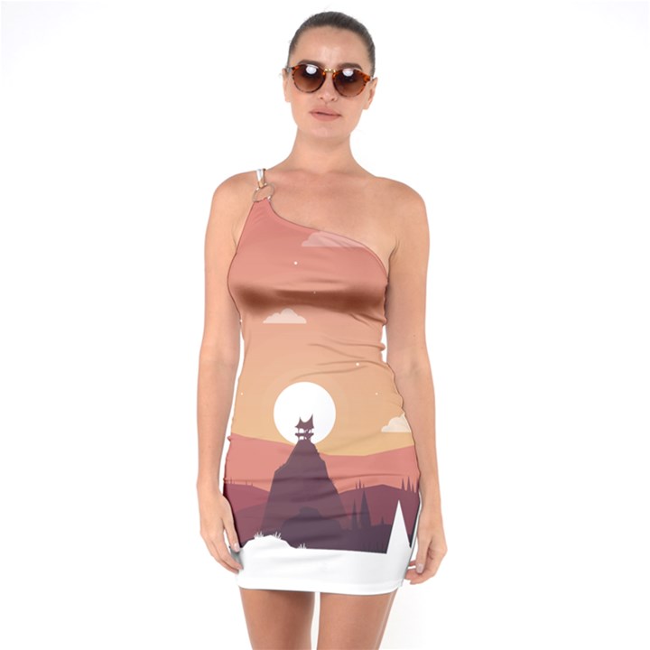 Design Art Hill Hut Landscape One Soulder Bodycon Dress