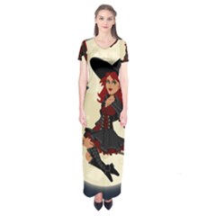 Witch Witchcraft Broomstick Broom Short Sleeve Maxi Dress by Celenk