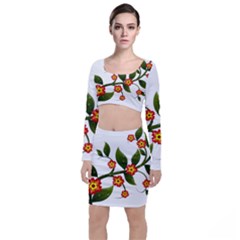 Flower Branch Nature Leaves Plant Long Sleeve Crop Top & Bodycon Skirt Set by Celenk