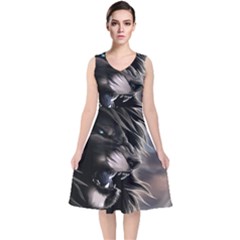 Angry Lion Digital Art Hd V-Neck Midi Sleeveless Dress 