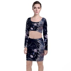 Angry Lion Digital Art Hd Long Sleeve Crop Top & Bodycon Skirt Set