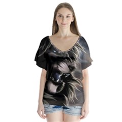 Angry Lion Digital Art Hd V-Neck Flutter Sleeve Top