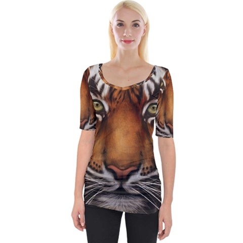 The Tiger Face Wide Neckline Tee by Celenk