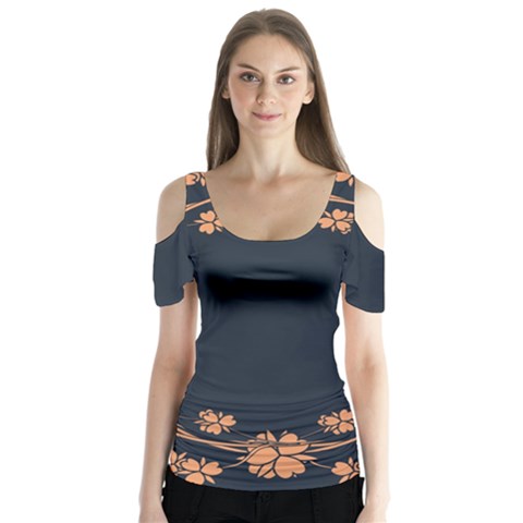 Floral Vintage Royal Frame Pattern Butterfly Sleeve Cutout Tee  by Celenk