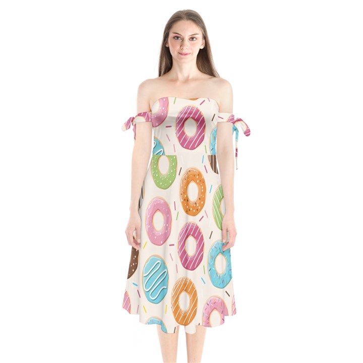 Colored Doughnuts Pattern Shoulder Tie Bardot Midi Dress