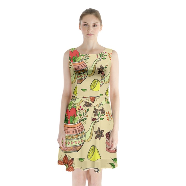 Colored Afternoon Tea Pattern Sleeveless Waist Tie Chiffon Dress