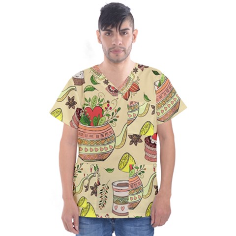 Colored Afternoon Tea Pattern Men s V-neck Scrub Top by Bigfootshirtshop