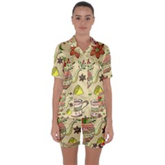 Colored Afternoon Tea Pattern Satin Short Sleeve Pyjamas Set by Bigfootshirtshop