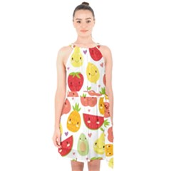 Happy Fruits Pattern Halter Collar Waist Tie Chiffon Dress by Bigfootshirtshop