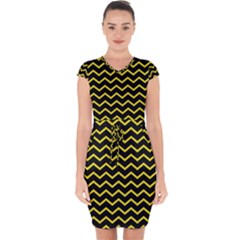 Yellow Chevron Capsleeve Drawstring Dress 