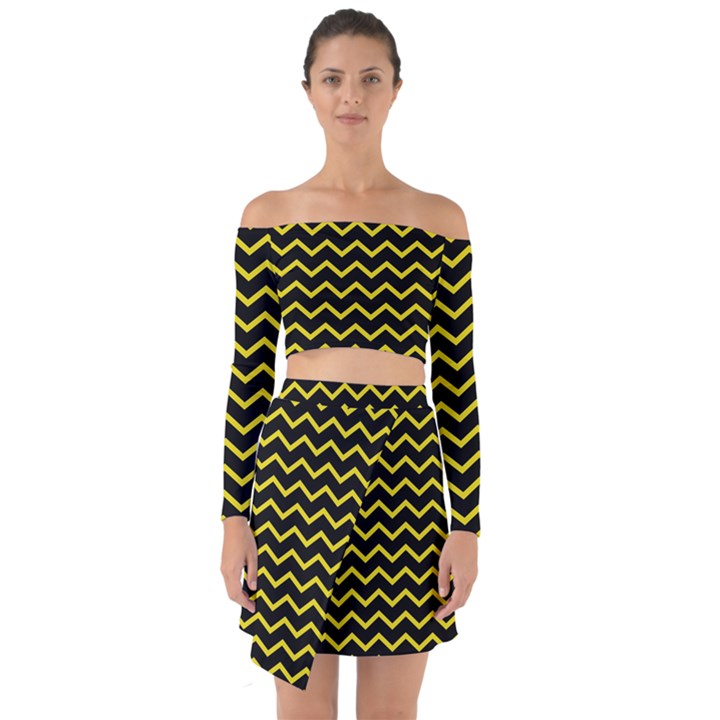 Yellow Chevron Off Shoulder Top with Skirt Set