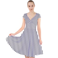 Basic Vertical Stripes Cap Sleeve Front Wrap Midi Dress