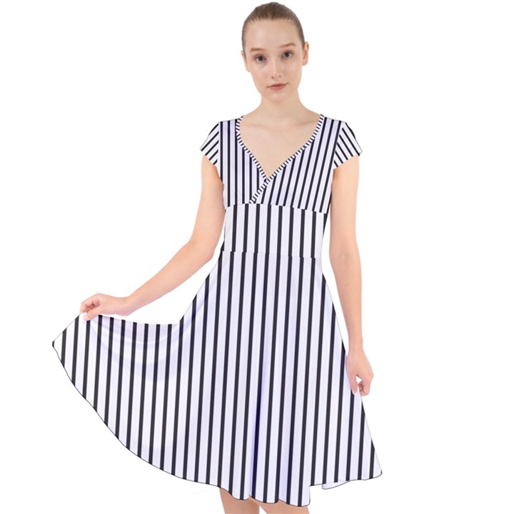 Basic Vertical Stripes Cap Sleeve Front Wrap Midi Dress