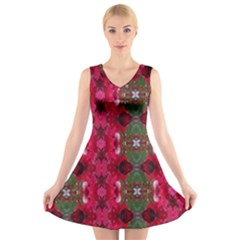 Christmas Colors Wrapping Paper Design V-neck Sleeveless Skater Dress by Fractalsandkaleidoscopes