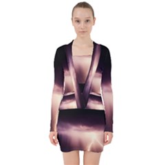 Storm Weather Lightning Bolt V-neck Bodycon Long Sleeve Dress