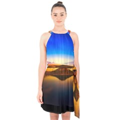 Crater Lake Oregon Mountains Halter Collar Waist Tie Chiffon Dress