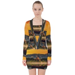 Bled Slovenia Sunrise Fog Mist V-neck Bodycon Long Sleeve Dress by BangZart