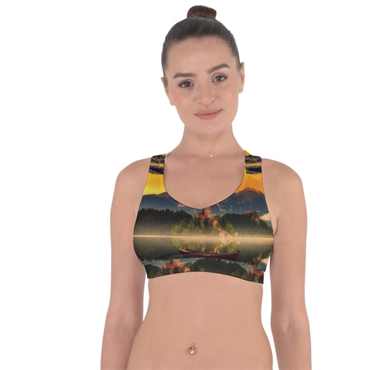 Bled Slovenia Sunrise Fog Mist Cross String Back Sports Bra