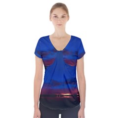 Canada Lake Night Evening Stars Short Sleeve Front Detail Top by BangZart