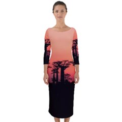 Baobabs Trees Silhouette Landscape Quarter Sleeve Midi Bodycon Dress