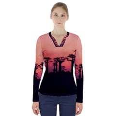 Baobabs Trees Silhouette Landscape V-neck Long Sleeve Top by BangZart