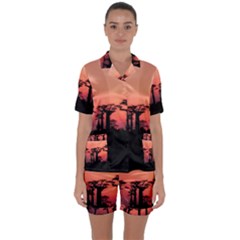 Baobabs Trees Silhouette Landscape Satin Short Sleeve Pyjamas Set by BangZart