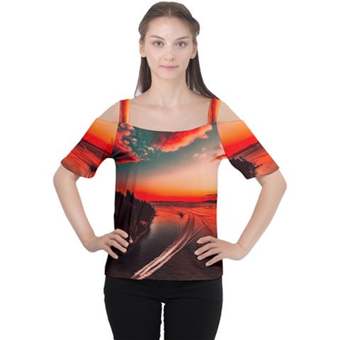 Sunset Dusk Boat Sea Ocean Water Cutout Shoulder Tee by BangZart