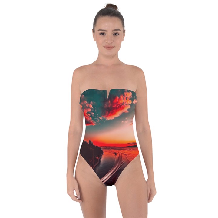 Sunset Dusk Boat Sea Ocean Water Tie Back One Piece Swimsuit