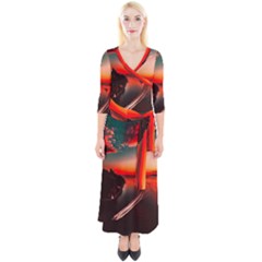 Sunset Dusk Boat Sea Ocean Water Quarter Sleeve Wrap Maxi Dress