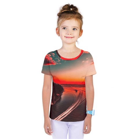 Sunset Dusk Boat Sea Ocean Water Kids  One Piece Tee by BangZart