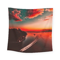 Sunset Dusk Boat Sea Ocean Water Square Tapestry (small) by BangZart