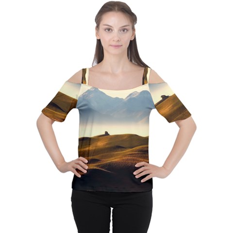 Landscape Mountains Nature Outdoors Cutout Shoulder Tee by BangZart