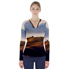 Landscape Mountains Nature Outdoors V-neck Long Sleeve Top