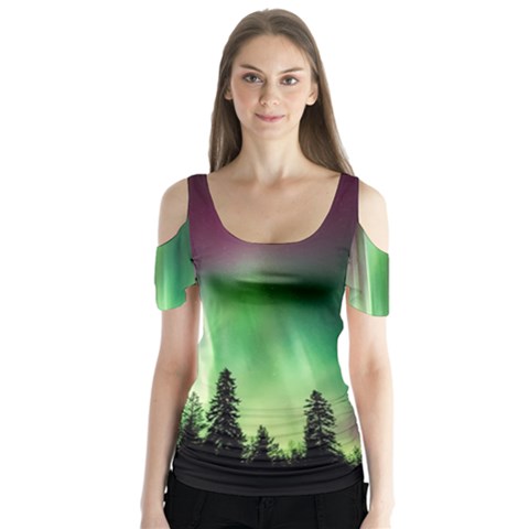 Aurora Borealis Northern Lights Butterfly Sleeve Cutout Tee  by BangZart