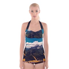 Italy Valley Canyon Mountains Sky Boyleg Halter Swimsuit  by BangZart