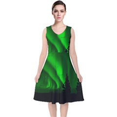 Aurora Borealis Northern Lights V-neck Midi Sleeveless Dress  by BangZart