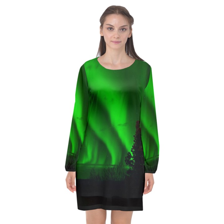 Aurora Borealis Northern Lights Long Sleeve Chiffon Shift Dress 