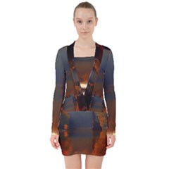 River Water Reflections Autumn V-neck Bodycon Long Sleeve Dress by BangZart