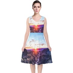 Iceland Landscape Mountains Stream V-neck Midi Sleeveless Dress 