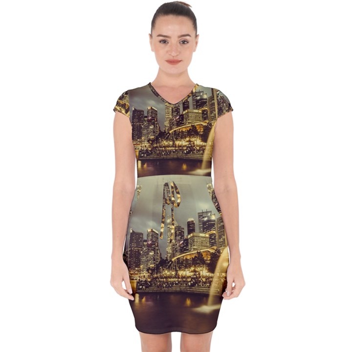 Singapore City Urban Skyline Capsleeve Drawstring Dress 