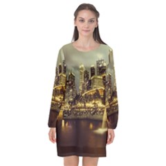 Singapore City Urban Skyline Long Sleeve Chiffon Shift Dress  by BangZart