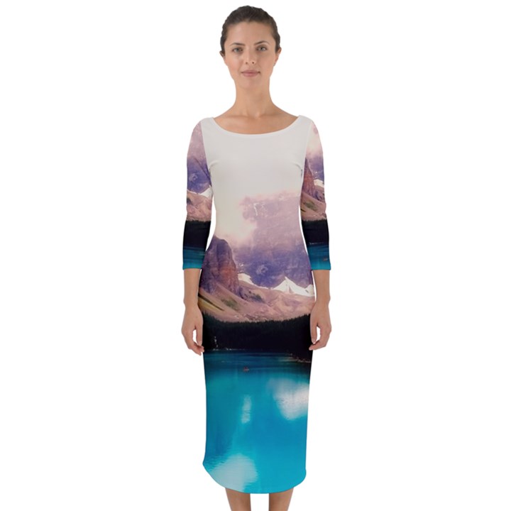 Austria Mountains Lake Water Quarter Sleeve Midi Bodycon Dress