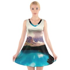 Austria Mountains Lake Water V-neck Sleeveless Skater Dress