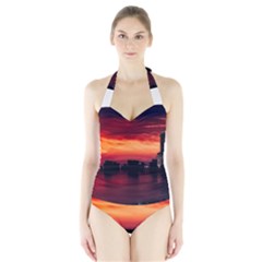 New York City Urban Skyline Harbor Halter Swimsuit by BangZart